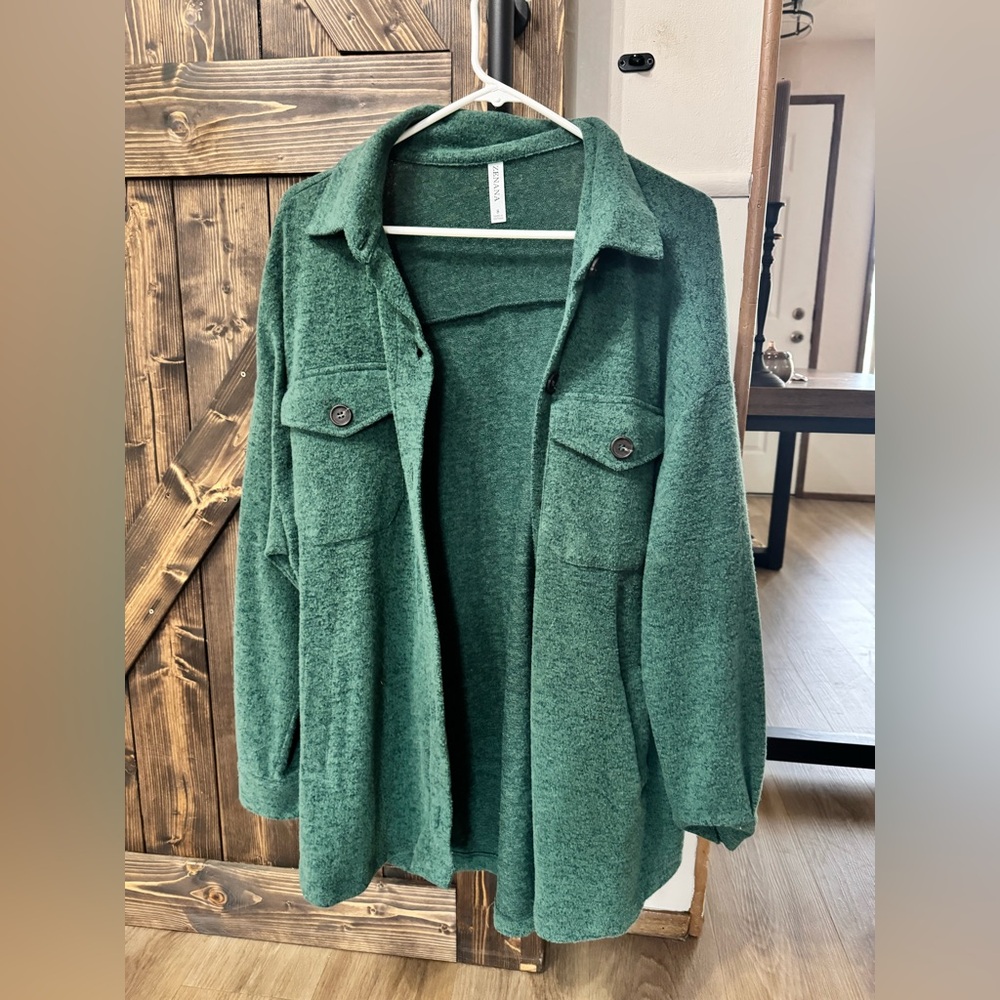 Zenana Outfitters Forest Green Open-Front Shacket oversized small